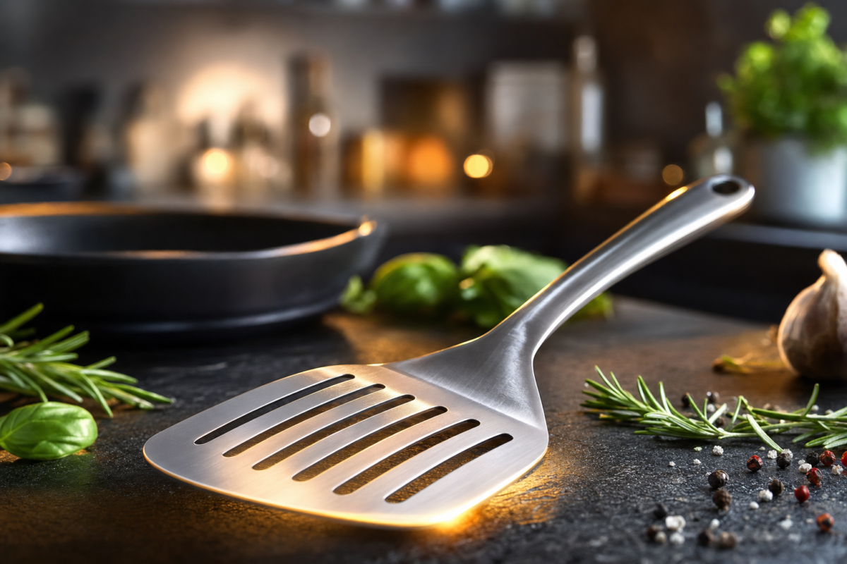 Overhead view of a stainless steel spatula lifting a golden pancake from a black skillet with honey, blueberries, and mint on a marble countertop